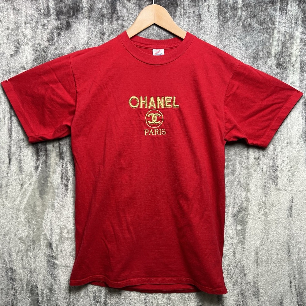 VTG Chanel Paris T Shirt Mens L Gold Embroidered Jerzees USA 90s Boot Tee